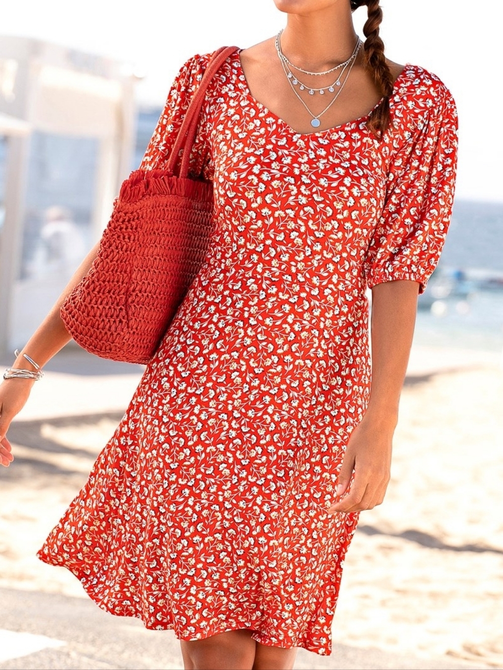 Lascana Floral Puff-Sleeve Dress Red Modest